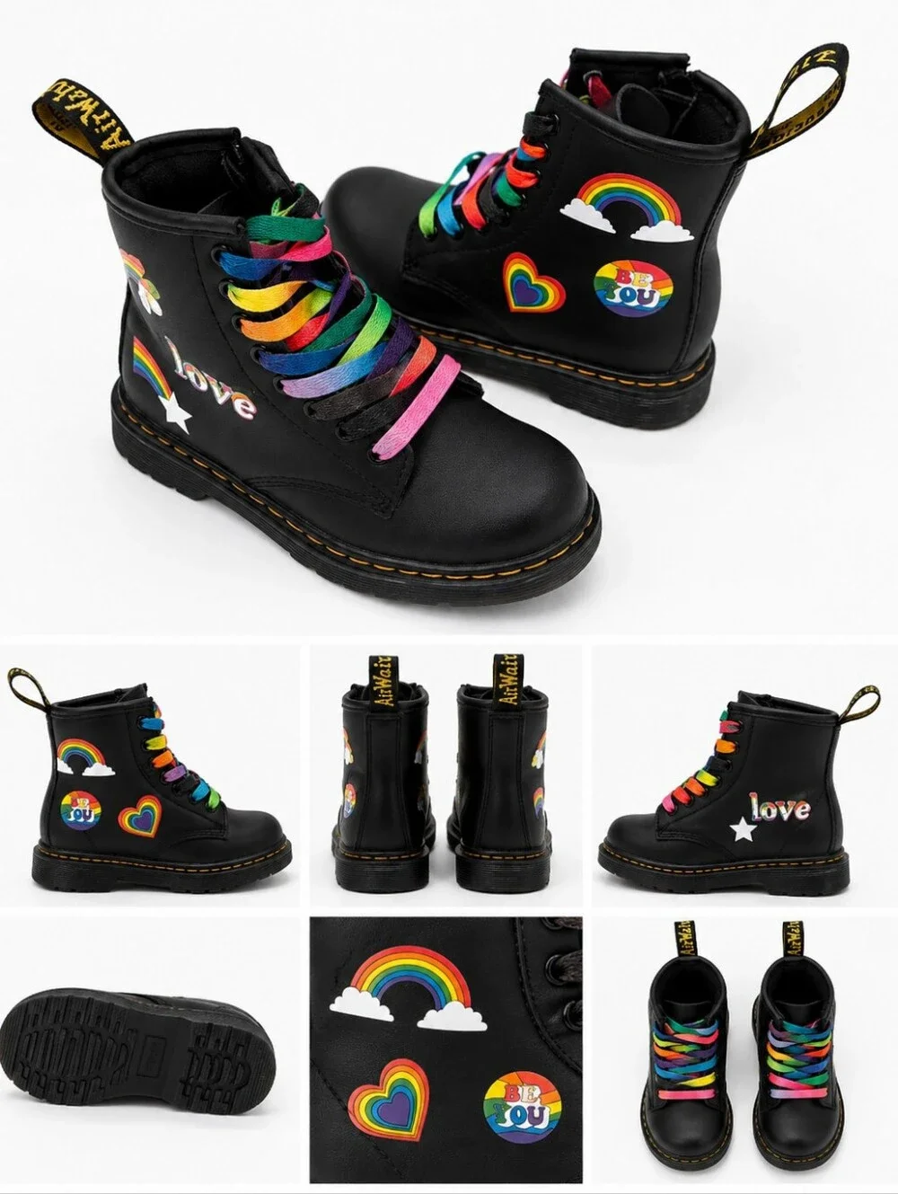 Dr. Martens Black Leather Boots with Multicolor Laces